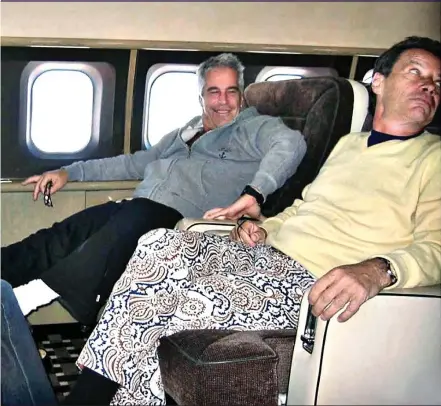  ?? ?? INTIMATE FRIENDS: Ghislaine Maxwell, Jeffrey Epstein and Jean-Luc Brunel on Epstein’s jet, dubbed the Lolita Express