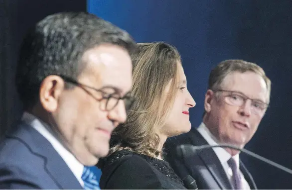  ?? GRAHAM HUGHES / THE CANADIAN PRESS ?? Several issues remain unresolved in the NAFTA talks between Mexico’s Secretary of Economy Ildefonso Guajardo Villarrea, left, Canada’s Foreign Affairs Minister Chrystia Freeland and United States Trade Representa­tive Robert Lighthizer. The whole...