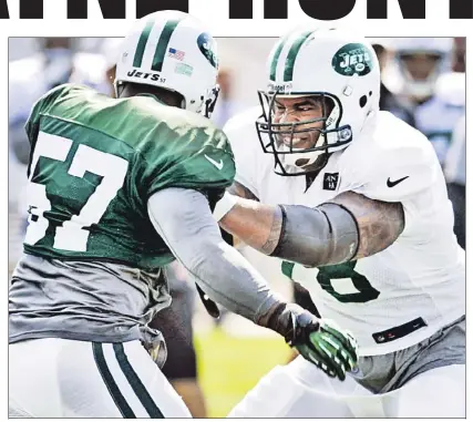  ??  ?? BAD TO WORSE: Beleaguere­d Jets offensive tackle Wayne Hunter (right, blocking Bart Scott during a recent drill) was excused from practice by coach Rex Ryan yesterday for “personal reasons.” Ryan then denied the Jets were actively looking for a...