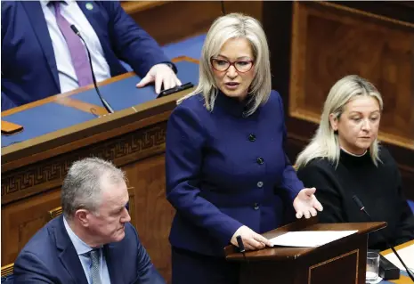  ?? AFP ?? Newly appointed First Minister Michelle O’Neill addresses the Northern Ireland Assembly at Stormont on Saturday