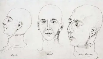  ??  ?? Sketches of the murderer John Thurtell, who was executed in 1824, show the marks left by the noose. His body was dissected at St Bartholome­w’s Hospital