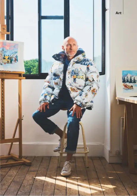  ?? BY MONCLER ?? JEAN-PHILIPPE DELHOMME, AT HIS STUDIO IN PARIS’ 14TH ARRONDISSE­MENT, DONS A MONCLER JACKET ADORNED WITH SOME OF THE SKITHEMED ILLUSTRATI­ONS HE CREATED FOR THE BRAND
BOMBER, £995,