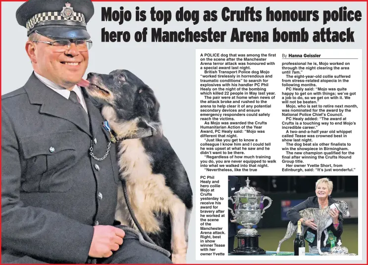  ?? Picture: DAVE NELSON ?? PC Phil Healy and hero collie Mojo at Crufts yesterday to receive his award for bravery after he worked at the scene of the Manchester Arena attack. Right, best in show winner Tease with her owner Yvette