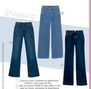  ??  ?? Jean en coton, spandex et élasthanne (79,95 $, chez Gap; 24-35)
2 Jean en coton (39,99 $, chez H&M; 0-18) 3 Jean en coton, polyester et élasthanne (160 $, chez Banana Republic; 24-33)