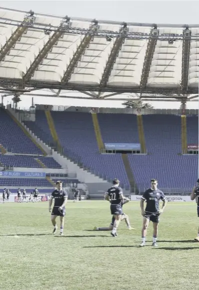  ??  ?? The Scotland squad train in the sunshine during yesterday’s captain’s run at the Stadio Olimpico ahead of today’s Six Nations match against an Italy side who are again destined to finish the tournament with the wooden spoon.