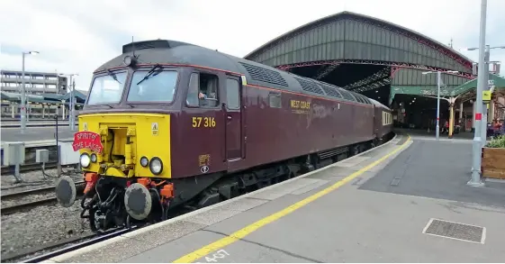  ??  ?? BELOW:
West Coast Railways’ Class 57s are expected to be busy this year alongside its other traction. Class 57/3 57316 prepares to depart from Bristol Temple Meads on September 24, 2016 with a returning ‘Spirit of the Lakes’ Weston-superMare to Skegness charter. (Wikimedia Commons/Adam Bryant)