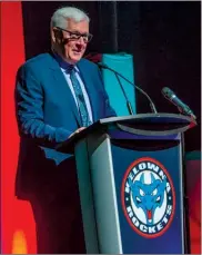  ?? CINDY ROGERS/www.nyasa.ca ?? Kelowna Rockets general manager Bruce Hamilton speaks at the team’s annual awards banquet last Sunday. Hamilton is the Western Conference’s nominee for the Lloyd Saunders Memorial Trophy as the WHL’s executive of the year.