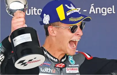  ?? Picture: AFP ?? UTTER DELIGHT. French rider Fabio Quartararo celebrates on the podium after winning the Spanish MotoGP at Jerez yesterday.