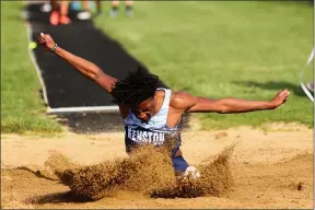  ?? DAVID TURBEN — FOR THE NEWS-HERALD ?? Kenston’s Lucas Simmons jumped 21-8for the longest jump of the day and helped the Bombers win the Long Jump Relay at the Greg Lusk Relays April 9.