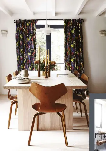  ??  ?? FROM TOP LEFT The chairs are vintage Arne Jacobsen and the curtains are a Josef Frank fabric; the scullery has a deep, traditiona­l larder; the kitchen was opened up, removing the ceiling to create double-height space. LEFT The kitchen has marble tiles and a worktop from Mandarin Stone. The units are Ikea carcasses clad in stained Dinesen timbers.