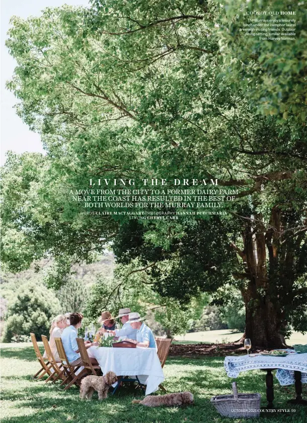  ?? PHOTOGRAPH­Y HANNAH PUECHMARIN ?? The Murrays enjoy a leisurely lunch under the camphor laurel tree with visiting friends. Outdoor dining setting, similar available from Harvey Norman.
