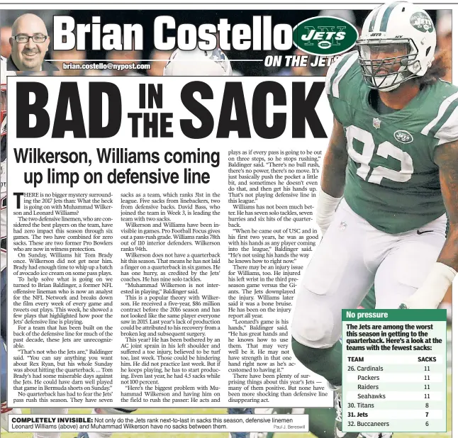  ?? Paul J. Bereswill ?? COMPLETELY INVISIBLE: Not only do the Jets rank next-to-last in sacks this season, defensive linemen Leonard Williams (above) and Muhammad Wilkerson have no sacks between them.