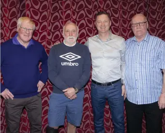  ??  ?? Willie McStay pictured with David Pugh, Tony Fagan and Tony Stenson during the meeting of Rovers legends recently. Pics: Carl Brennan.