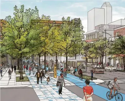  ?? Houston Downtown Management District ?? This rendering shows Central Houston’ vision of Pierce Street on the southern edge of downtown. Plans call for a “Green Loop” trail around downtown, plus more cafes, public art and trees for shade.