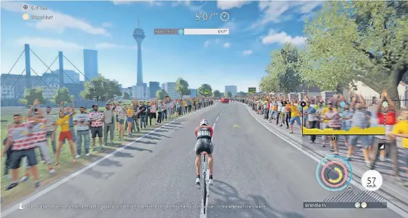  ?? SCREENSHOT: NGZ ?? Die Marketing-Maschine zur Tour de France brummt. Unter anderem gibt’s auch ein Spiel für die Playstatio­n 4 und die Xbox One – auf diesem Bild geht’s auf der Etappe von Düsseldorf nach Neuss.