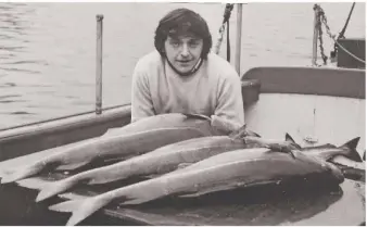  ??  ?? Roger Hosking, who held the pollack record for years with a fish of 25lb taken in 1972, is seen with a trio of coalies all weighing more than 24lb 8oz. He fished from ‘JJ’ Mcvicar’s June Lipet