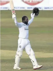  ??  ?? West Indies batsman Kyle Mayers celebrates after scoring a double century during the fifth day of the first Test match against Bangladesh.