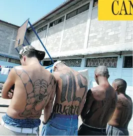  ?? ELMER MARTINEZ / AFP / GETTY IMAGES FILES ?? Four unidentifi­ed members of the MS-13 gang show their tattoos inside the National Penitentia­ry near Tegucigalp­a, Honduras. The gang is notorious in the United States and Central America for its violent crimes.