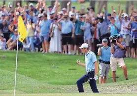  ?? TIMES-UNION COREY PERRINE/FLORIDA ?? Scottie Scheffler pumps his fist Sunday after sinking a chip shot for birdie at the 8th hole, which began a string of five consecutiv­e birdies that allowed him to pull away for his sixth PGA Tour victory in the last 13 months.