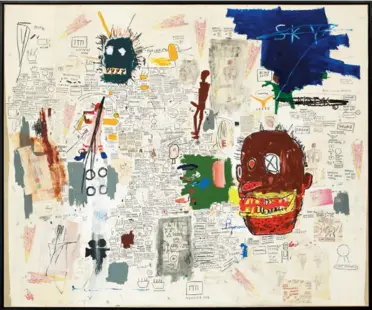  ??  ?? Polysémie chaotique sur un morceau de mur arraché à la rue et posé sur la toile. « Sans titre », 1987. Acrylique, huile, mine de plomb, feutre de couleur et collage papier sur toile.