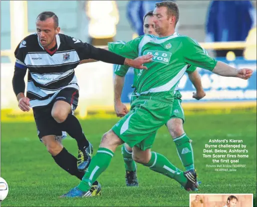  ?? Pictures: Matt Bristow FM3489507;
FM3489469, below ?? Ashford’s Kieran Byrne challenged by Deal. Below, Ashford’s Tom Scorer fires home
the first goal