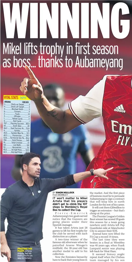  ??  ?? PROVING HIS POINT Arteta shouts out his instructio­ns on way to victory