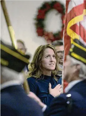  ?? H John Voorhees III/Hearst Connecticu­t Media file photo ?? Republican Tara Carr is sworn in as Brookfield’s first selectman in December 2021.