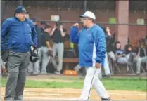 ?? BARRY TAGLIEBER - FOR DIGITAL FIRST MEDIA ?? Norristown manager Jack Sturgeon speaks with the home plate umpire during a game against Phoenixvil­le on April 19.