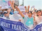  ?? — PTI ?? Jammu-based government employees, posted in Kashmir, during a protest rally demanding their transfer to their home districts, in Jammu on Saturday.