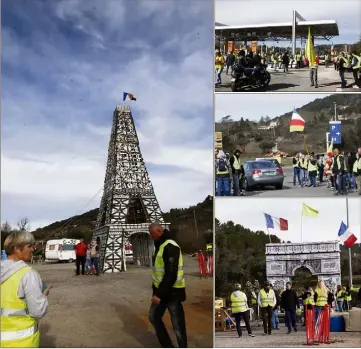  ?? (Photos Patrick Blanchard) ?? Les Gilets jaunes du Cannet-des-Maures, rejoints par une centaine de collègues du secteur et des départemen­ts voisins, ont démonté les barrières du péage laissant les véhicules passer gratuiteme­nt. Leurs symboles sont restés en place... Et la circulatio­n fluide.