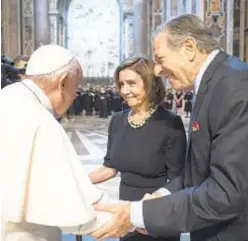  ?? ?? Pope Francis greets House Speaker Nancy Pelosi and husband Paul Pelosi before celebratin­g Mass at St. Peter’s Basilica in Vatican on Wednesday.