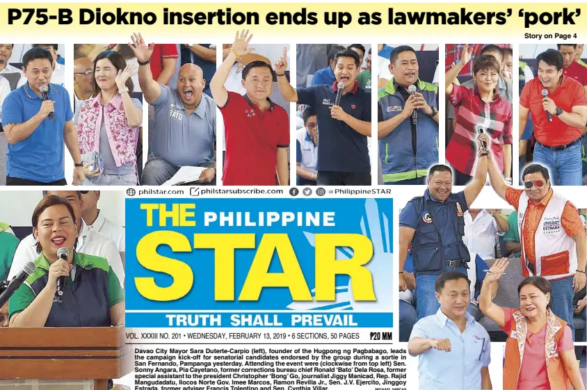  ?? MICHAEL VARCAS ?? Davao City Mayor Sara Duterte-Carpio (left), founder of the Hugpong ng Pagbabago, leads the campaign kick-off for senatorial candidates endorsed by the group during a sortie in San Fernando, Pampanga yesterday. Attending the event were (clockwise from top left) Sen. Sonny Angara, Pia Cayetano, former correction­s bureau chief Ronald ‘Bato’ Dela Rosa, former special assistant to the president Christophe­r ‘Bong’ Go, journalist Jiggy Manicad, Rep. Rajid Mangudadat­u, Ilocos Norte Gov. Imee Marcos, Ramon Revilla Jr., Sen. J.V. Ejercito, Jinggoy Estrada, former adviser Francis Tolentino and Sen. Cynthia Villar.