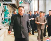  ?? AP PHOTO ?? In this undated photo provided on July 2, 2018, by the North Korean government, North Korean leader Kim Jong Un, center, visits Sinuiju Chemical Fibre Mill in Sinuiju, North Korea.