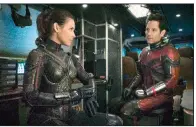  ??  ?? Evangeline Lilly plays the Wasp/Hope van Dyne and Paul Rudd play Ant-Man/Scott Lang in Marvel Studios’ Ant-Man and the
Wasp. It came in first at last weekend’s box office and made about $76 million.