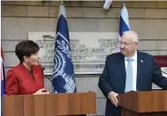  ?? (Mark Neyman/GPO) ?? PRESIDENT REUVEN RIVLIN greets New Zealand Governor-General Dame Patricia Reddy at his official residence in Jerusalem yesterday.