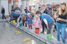  ??  ?? Kleine Fische werden aus dem Gänseliese­lbrunnen geangelt.