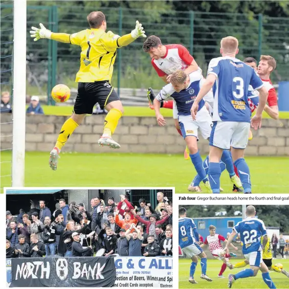  ??  ?? Ecstatic Victory is sweet as the Saints fans celebrate Fab four Gregor Buchanan heads home the fourth and final goal