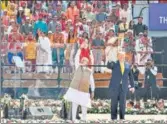  ?? Prime Minister Narendra Modi and US President Donald Trump at the ‘Namaste Trump’ event at Motera Stadium in Ahmedabad on February 24. PTI ??