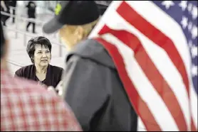  ?? JOHN LOCHER / ASSOCIATED PRESS ?? Carol Bundy (left), wife of Nevada rancher Cliven Bundy, speaks with supporters Thursday outside of the federal courthouse in Las Vegas. Cliven Bundy and sons Ryan and Ammon Bundy face trial in May.