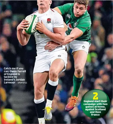  ?? SPORTSFILE ?? Catch me if you can: Owen Farrell of England is tackled by Ireland’s Jordan Larmour