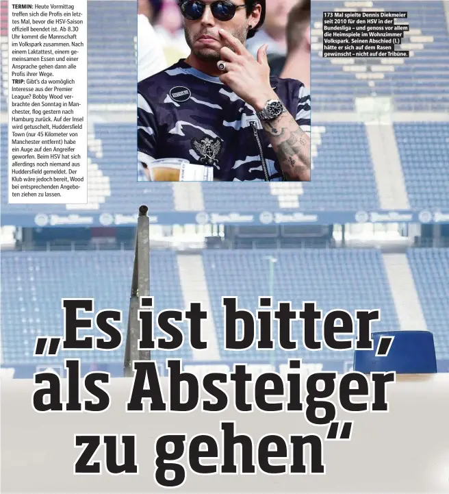  ??  ?? 173 Mal spielte Dennis Diekmeier seit 2010 für den HSV in der Bundesliga – und genoss vor allem die Heimspiele im Wohnzimmer Volkspark. Seinen Abschied (l.) hätte er sich auf dem Rasen gewünscht – nicht auf der Tribüne.