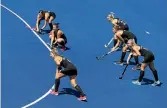  ??  ?? Black Sticks players prepare for a penalty corner during their disappoint­ing 0-0 draw with Canada. New Zealand play Australia is a crucial match today.