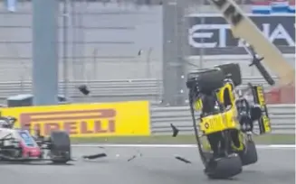  ?? Picture: YouTube ?? FLIPPED: German Nico Hulkenberg crashes on first lap in Abu Dhabi.