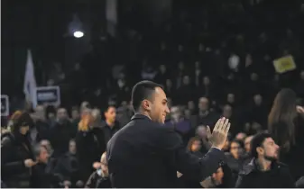  ?? Alessandra Tarantino / Associated Press ?? Luigi Di Maio, leader of the 5-Star Movement, addresses a Feb. 12 rally in his hometown of Pomigliano d’Arco, Italy. The populist party bills itself as the antidote to establishm­ent politics.