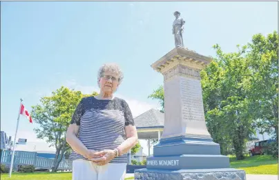  ?? SHARON MONTGOMERY-DUPE/CAPE BRETON POST ?? Eunice McCarthy, 79, of New Waterford, stands in Davis Square, near the miners’ memorial statue based on the likeness after her late grandfathe­r, John Vincent McKay, one of 65 miners killed in the No. 12 Colliery explosion in New Waterford on July 25,...