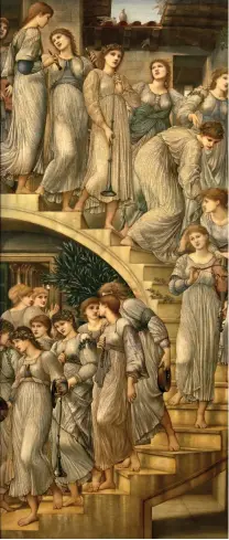  ??  ?? Frances Graham holding cymbals at the bottom of Burne-Jones’s The Golden Stairs