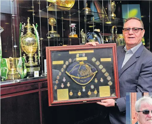  ??  ?? OLD FRIENDS Former Celtic director Lord Haughey inspects Tommy’s honours yesterday. Below, Bertie Auld at the ground. Pictures: Paul Chappells