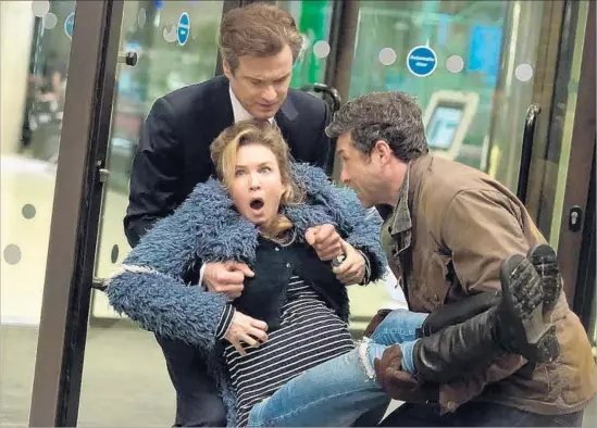  ?? Universal Pictures ?? MARK DARCY (Colin Firth), left, and Jack Qwant (Patrick Dempsey) vie to help the pregnant Bridget Jones (Renee Zellweger) in the next chapter in the saga.