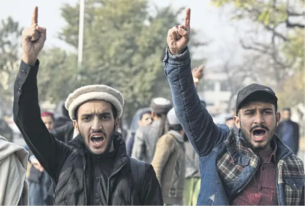  ?? ?? Youth activists of Muslim Talba Mahaz pictured in Islamabad yesterday protesting against Iranian air strikes