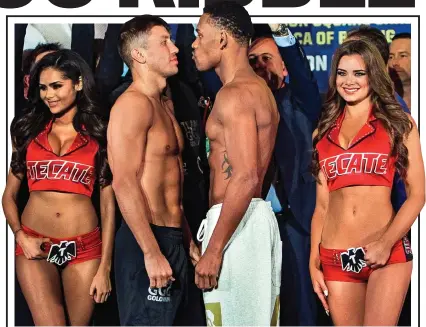  ??  ?? Fight night: undefeated Golovkin (left) and Jacobs face-off ahead of the bout in New York